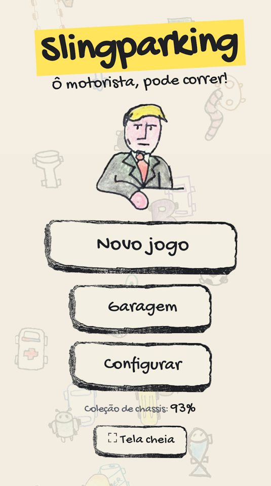 Menu inicial do Slingparking com o chefe desenhado à mão