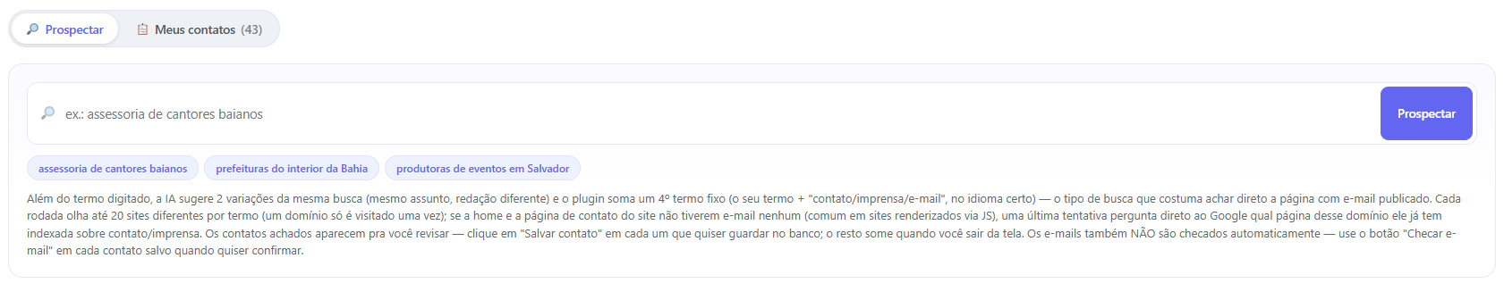 Tela de prospecção do plugin