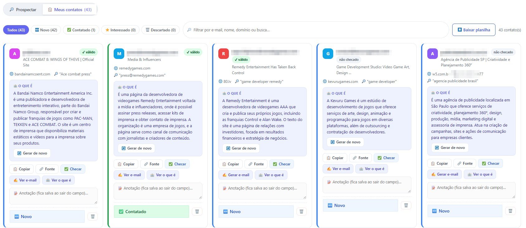 Base de contatos do plugin com status e resumos